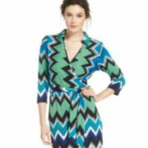 NY Collection Multi-Color Geometric Belted Faux Wrap Maxi Dress Size: Medium